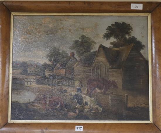 19th century English School Farmyard scene 46 x 58cm, maple framed